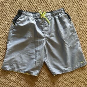 Nike Men's Light Gray Swim Board Shorts with Yellow Accents